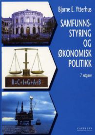 Bilde av lærebok i samfunnsøkonomi med tittelen Samfunnsstyring og økonomisk politikk fra Cappelen, viser bokomslag med graf og tekst.