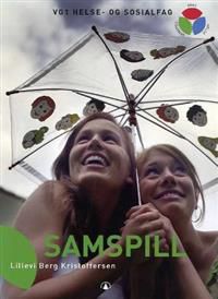 Bilde av lærebok i Samspill VG1 Helse- og sosialfag fra Gyldendal, med åpen bok og utdanningsmateriale.