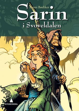 Bokomslag for romanen "Sarin i Svoveldalen" av Gyldendal Norsk Forlag, innbundet juniorroman med illustrasjon.