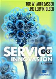 Bilde av boken "Service og innovasjon" fra Fagbokforlaget, med tittelen og innovasjonsrelaterte elementer på forsiden.