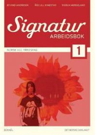 VGS Signatur 1 arbeidsbok fra Samlaget, åpen side med skriftlige oppgaver og illustrasjoner for videregående skole.