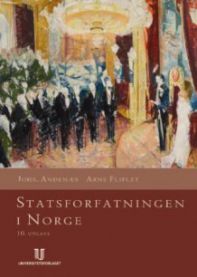 Norsk jusbok om statsforfatningen i Norge, utgitt av Universitetsforlaget, med tittel og illustrasjon på forsiden