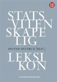 A illustrasjon av en bok med tittelen "Statsvitenskapelig leksikon" om politikk, utgitt av Universitetsforlaget.