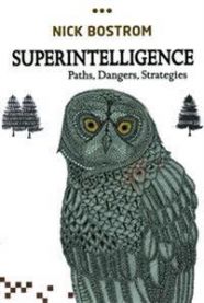 Bilde av bokomslag for "Superintelligence" innen psykologi, med stier, farer og strategier illustrert på forsiden