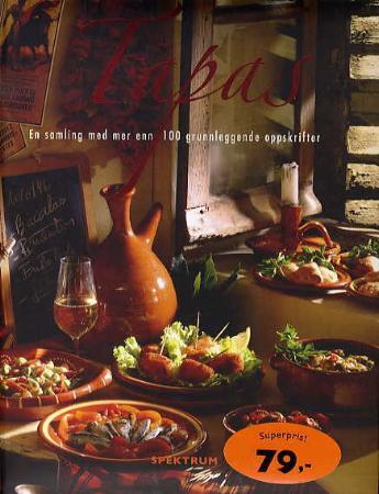 Bilde av tapas-bok fra Spektrum Forlag, som viser en innbundet kokebok med bilder av småretter og drikke.