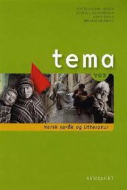 Norsk språk- og litteraturtekstsamling fra Tema VG3 VGS, utgitt av Samlaget, med bilder av boken og innholdet.