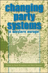 Bokomslag for "The Changing Party Systems in Western Europe" av Politikk, utgitt av Bloomsbury, viser en illustrasjon av europeiske partier.