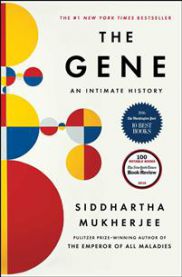 Bokomslag for "The Gene: An Intimate History" av Scribner Book Company, med bilde av genetikk og vitenskapelige symboler.