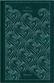 Bokomslag av romanen "The Odyssey" av Penguin, innbundet utgave med klassisk design og illustrasjoner.