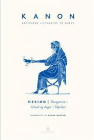 Innbundet bok "Arbeid og Dager - Skjoldet" av Theogonien, litteratur fra Gyldendal, med omslagsillustrasjon.