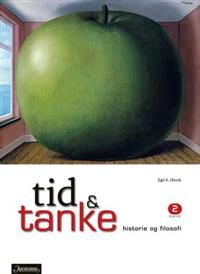 Bilde av boken "Tid & Tanke 2" av Aschehoug, en VGS-lærebok om historie og filosofi med illustrasjoner og tekst.