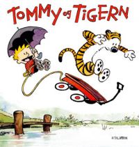Illustrasjon av Tommy og Tigern i en barne- og ungdomsbok utgitt av Egmont Hjemmets bokforlag, med fargerik tegning av de to karakterene.