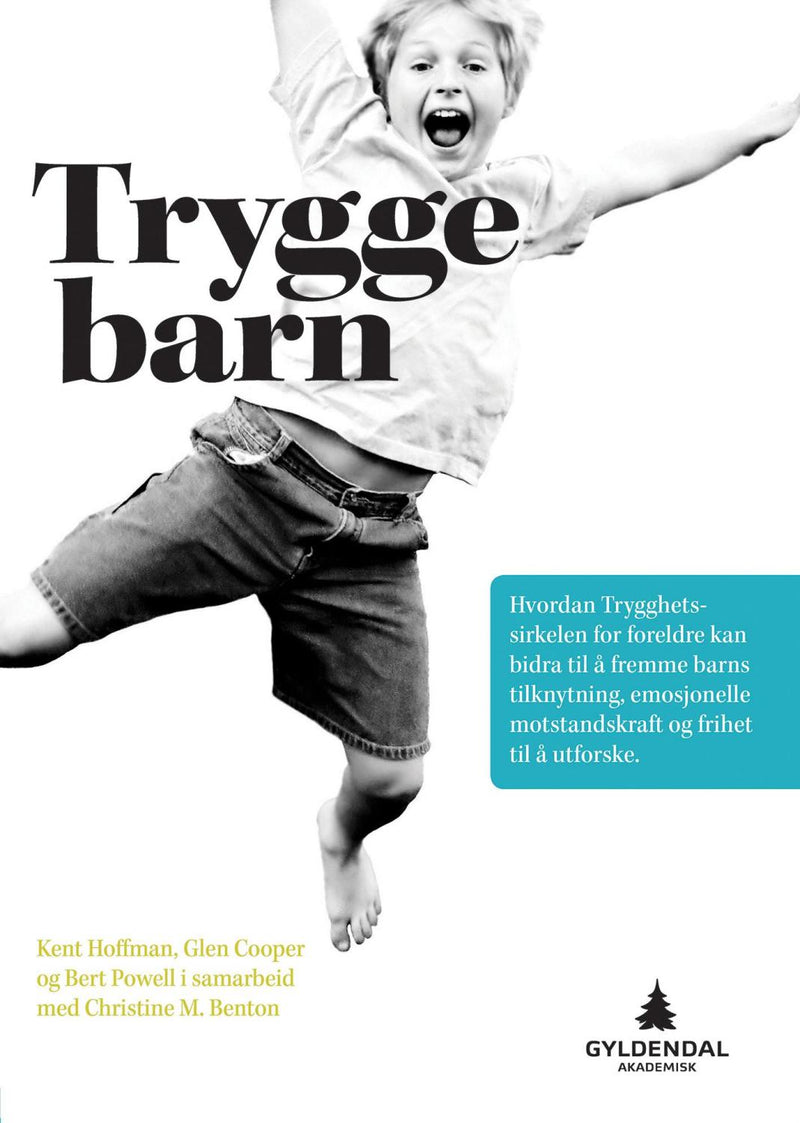 Bild av boken "Trygge barn" fra Gyldendal om pedagogikk, med en åpen bok og barneillustrasjoner på forsiden.