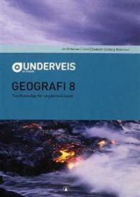 Bokomslag for Underveis Geografi 8 skolebok fra Gyldendal, med kart og geografiske illustrasjoner.