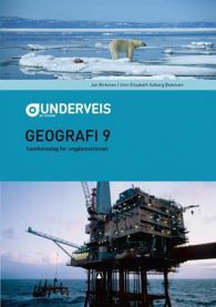 Gyldendal Underveis geografi 9 skolebok for ungdomstrinnet, åpen side med kart og tekst om samfunnsfag.