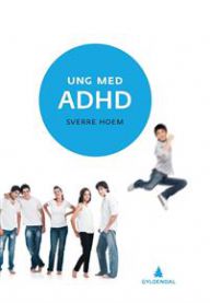 Ung med ADHD-pocket bok fra Gyldendal, viser en åpen psykologibok om ungdom og ADHD, med illustrasjoner og tekst på forsiden.