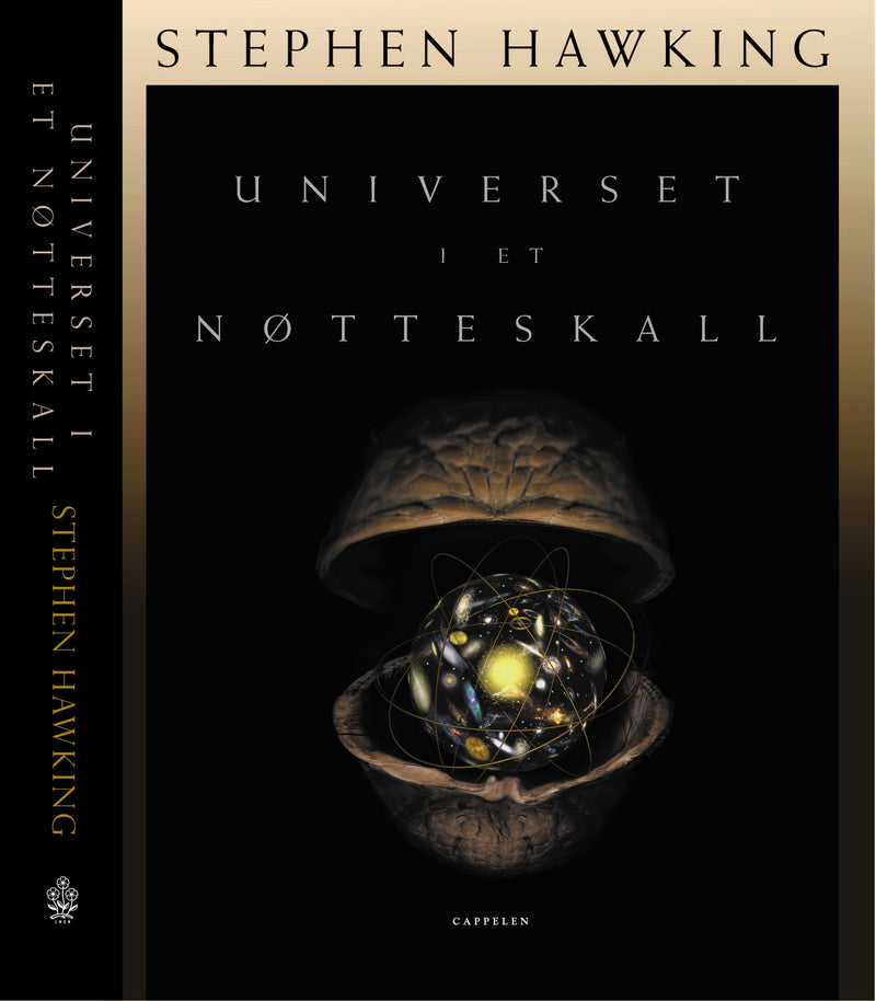 Bokomslag for "Universet i et nøtteskall" av Cappelen, innbundet filosofi bok med illustrasjon av universet i en nøtteskall