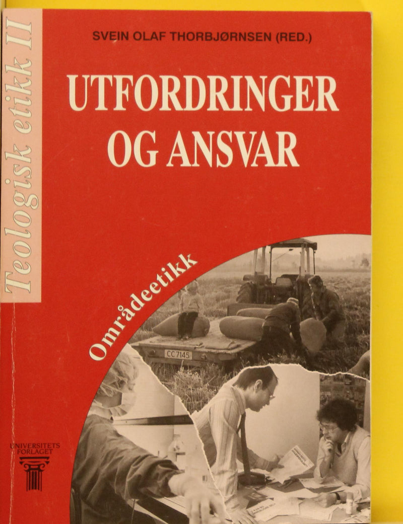 Bokomslag for "Utfordringer og ansvar: områdeetikk" av Universitetsforlaget, med tittel og illustrasjon.