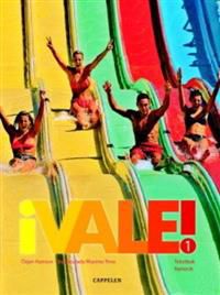 Nynorsk skolebok "¡Vale! 1: tekstbok" fra Cappelen, viser åpen bok med tekst og illustrasjoner for elever.