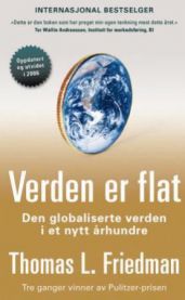 Bokomslag for "Verden er flat" av Valentia, viser jordkloden i et flatt perspektiv, fokus på økonomi, finans og globalisering.