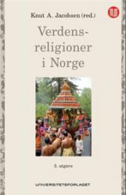 Bilde av boka Verdensreligioner i Norge av Universitetsforlaget, viser forsiden med symboler for ulike verdensreligioner.