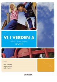 Bilde av bokomslag for "Vi i Verden 5" barneskolebok fra Cappelen, viser fargerikt design og skolebok for elever i femte klasse.