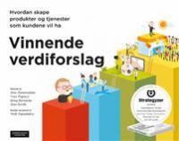 Norsk innovasjonsbok med tittelen "Vinnende verdiforslag" av Cappelen Damm, vist med åpen bok og innsideillustrasjoner