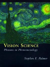 Bilde av bokomslaget til "Vision Science" av Bradford Books, med illustrasjon av fotoner og fenomenologi innen psykologi.